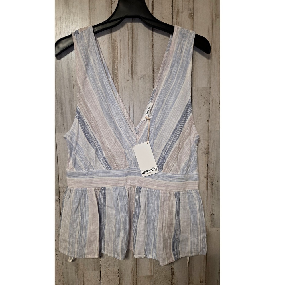 NWT Splendid size L Striped Babydoll Linen Blend Top Tank Sleeveless Peplum